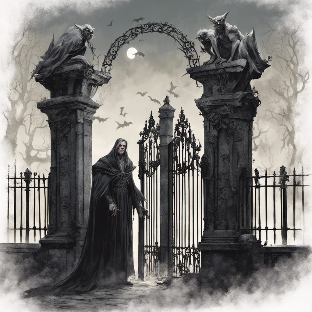 Vampires Guarding Spooky Cemetery Gates at Night