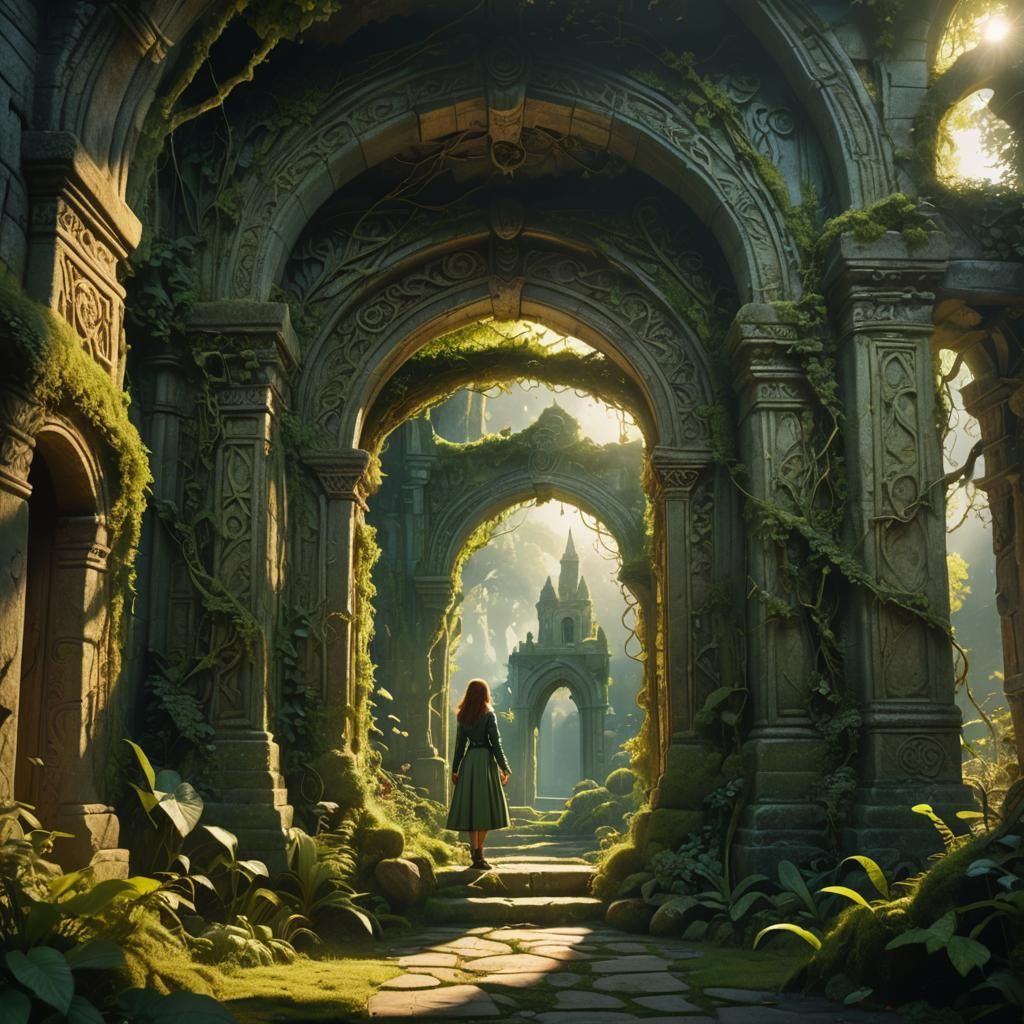 Secret Garden with Stone Archway in Matte Painting Style