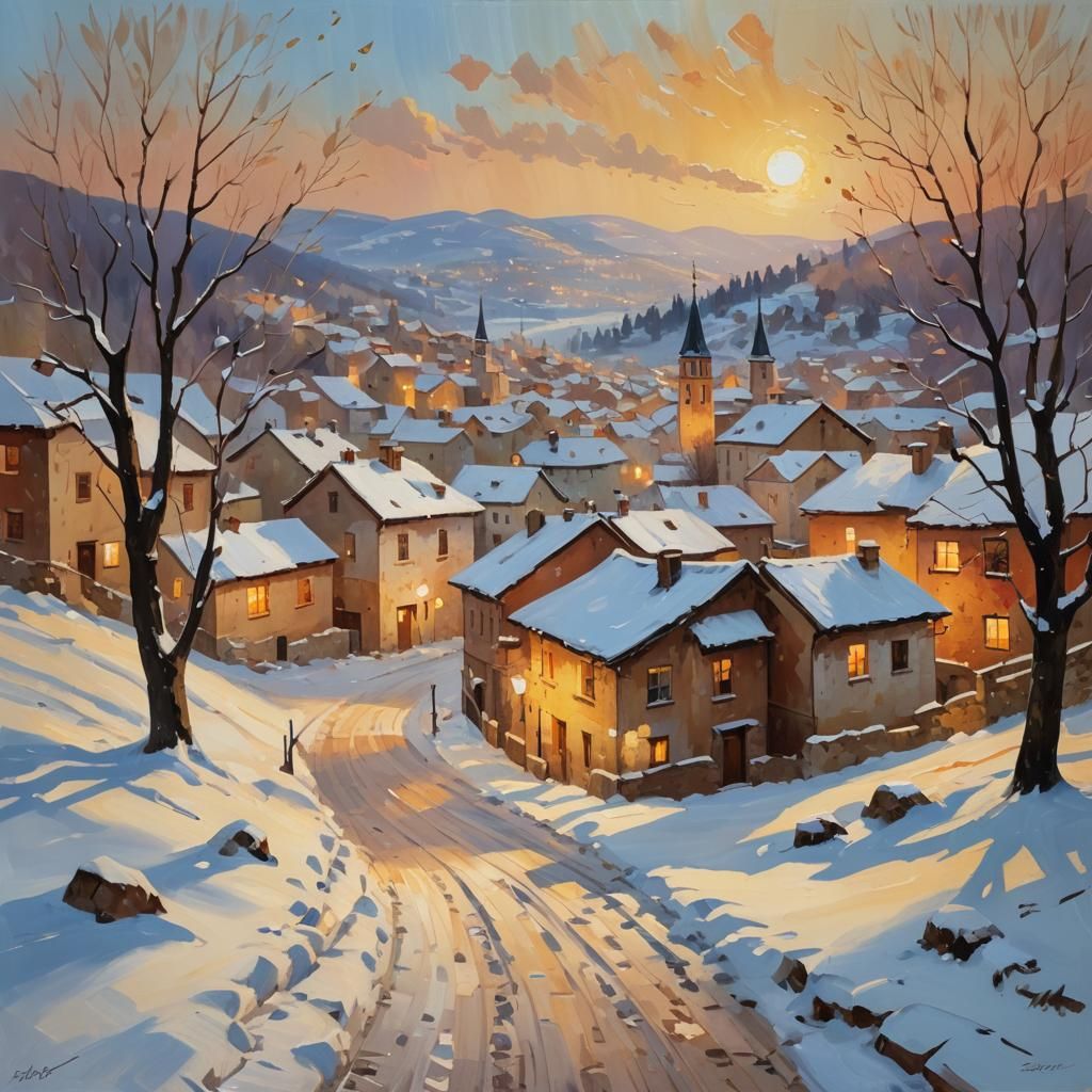 Impressionist Winter Village in Golden Light