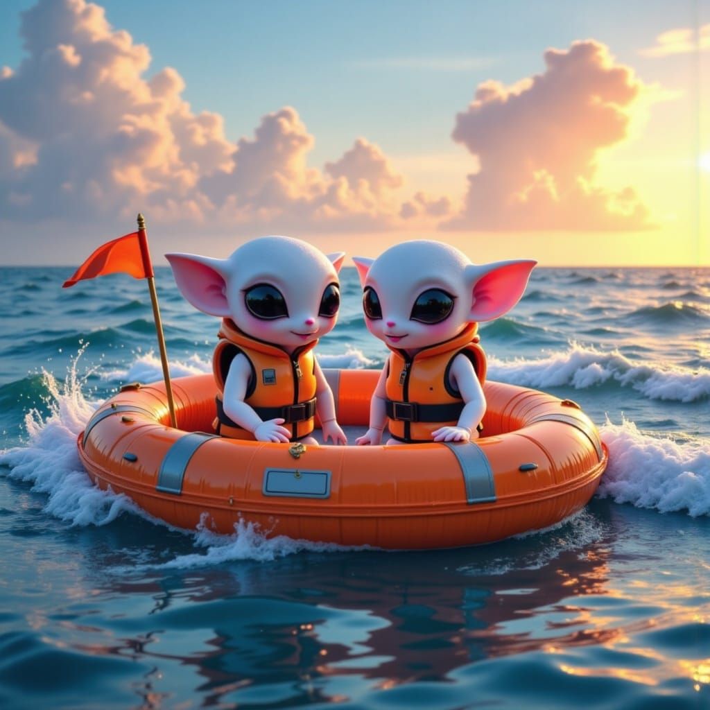 Pastel Aliens Adrift in Sunset, Hyperrealistic Style