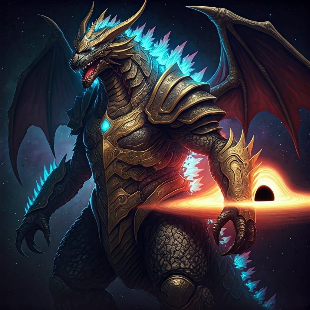 Armored Kaiju Engulfs Black Hole in Dark Fantasy Style