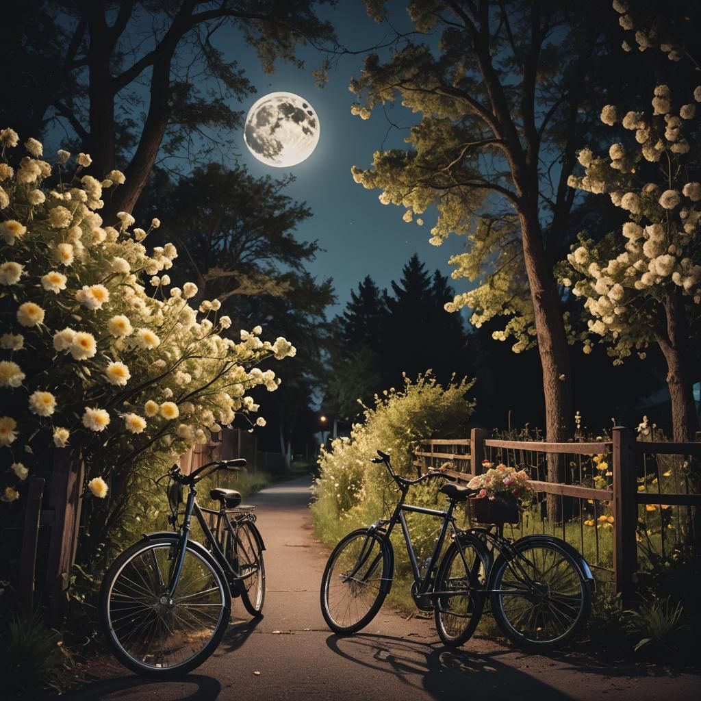 Dreamy Night Scene with Bikes and Blooming Flowers