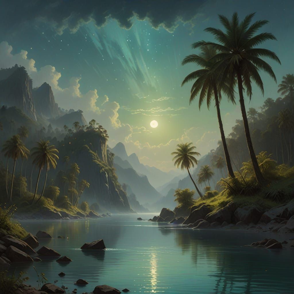 Mystical Island Under Starry Turquoise Sea at Full Moon