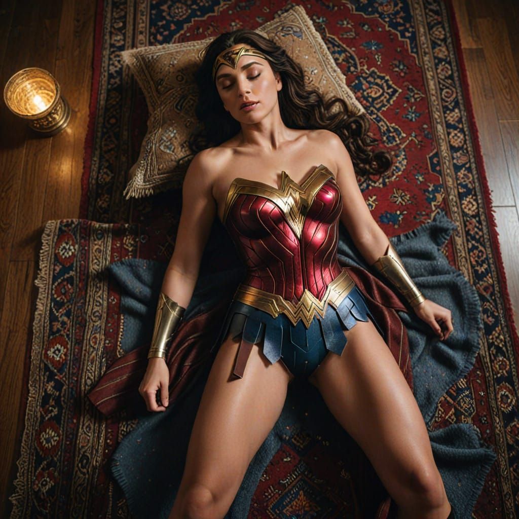 Glamorous Wonder Woman Slumbers on Persian Rug