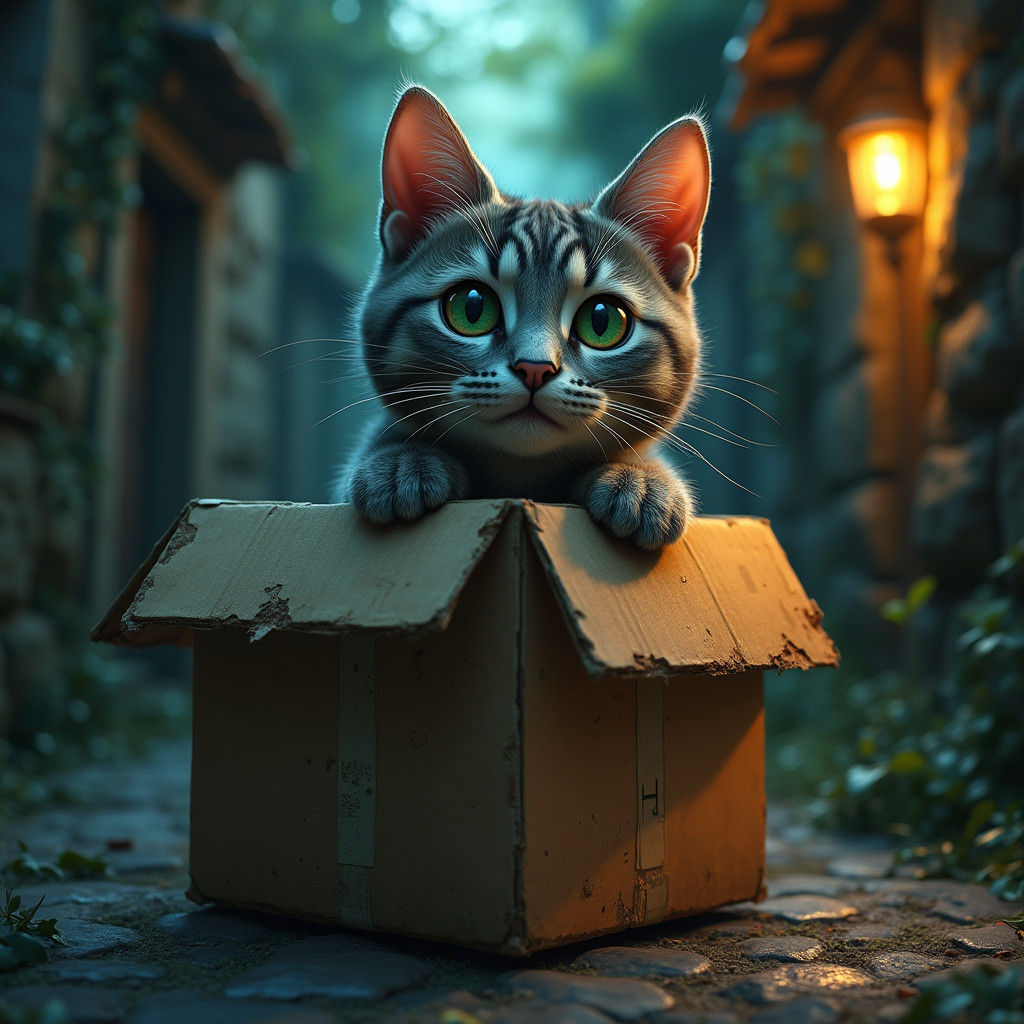 Tabby Cat in Box: Mystical Alleyway Matte Painting