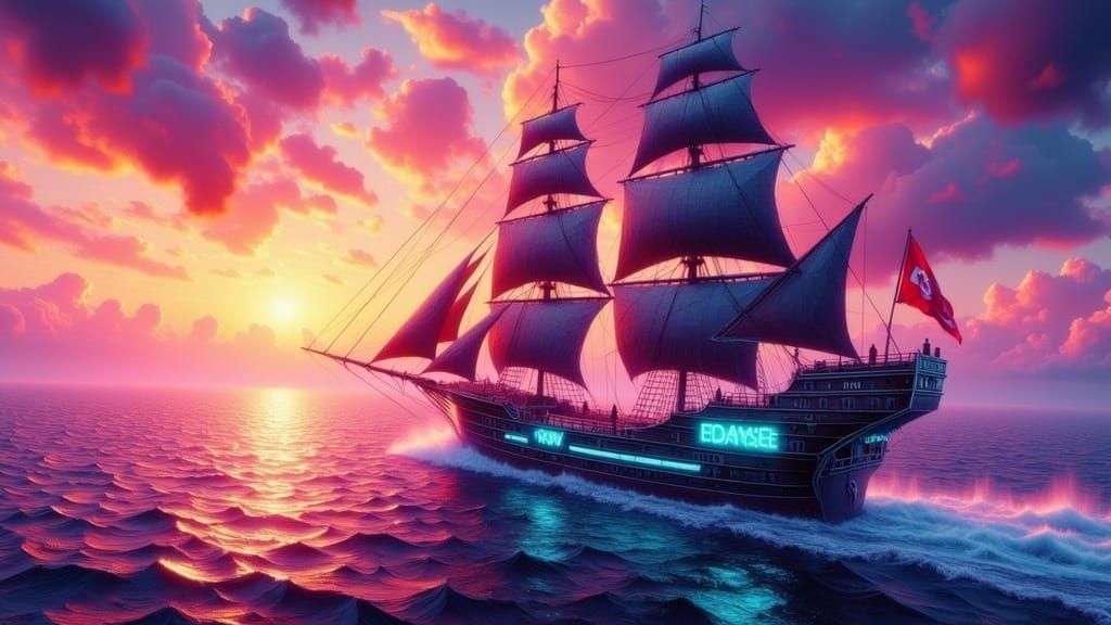 Futuristic Pirate Ship Sailing into Alien Sunset