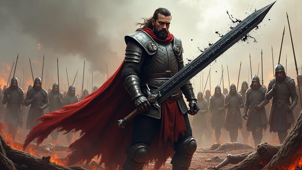 Warrior with Black Steel Sword in Bloody Battlefield