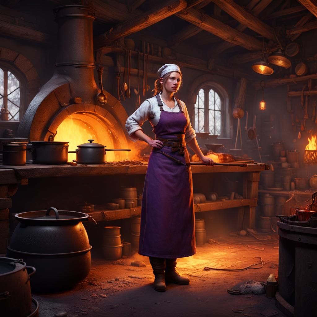 Female Chef in Blacksmith Shed: Dark Fantasy Art