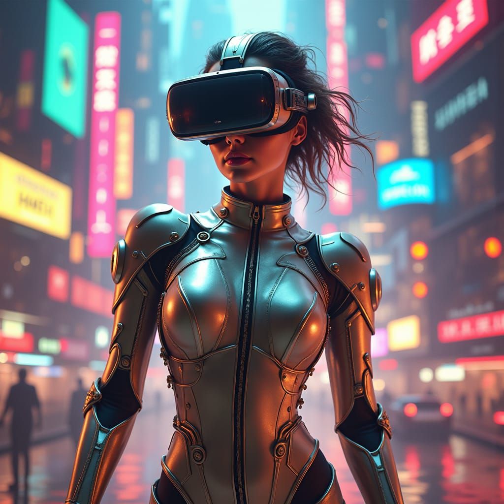 Retro-Futuristic Woman in Robot Suit Cityscape