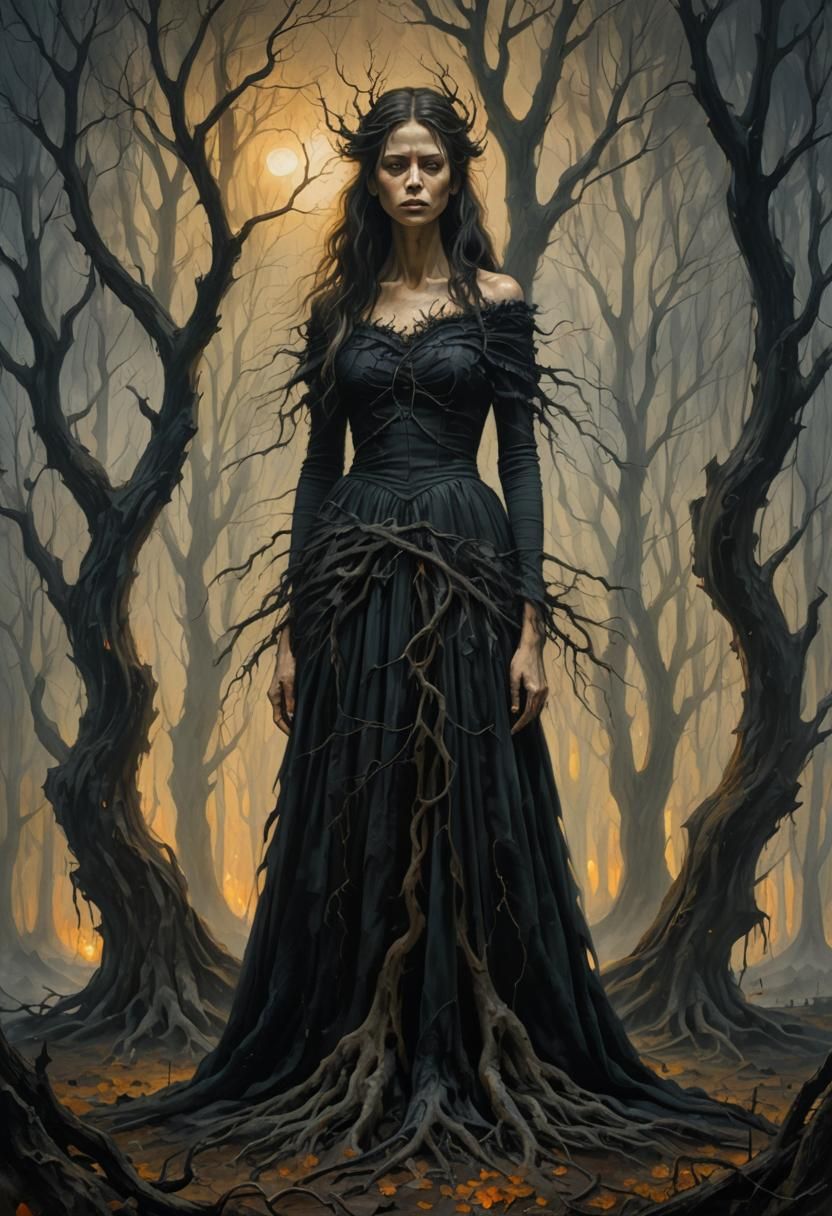 Woman at Edge of Misty Forest in Surreal Oil Painting