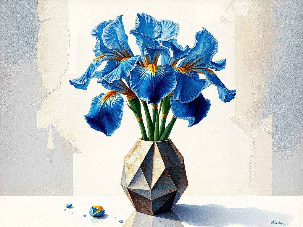 Blue Irises in Geometric Vase: Watercolor Still Life