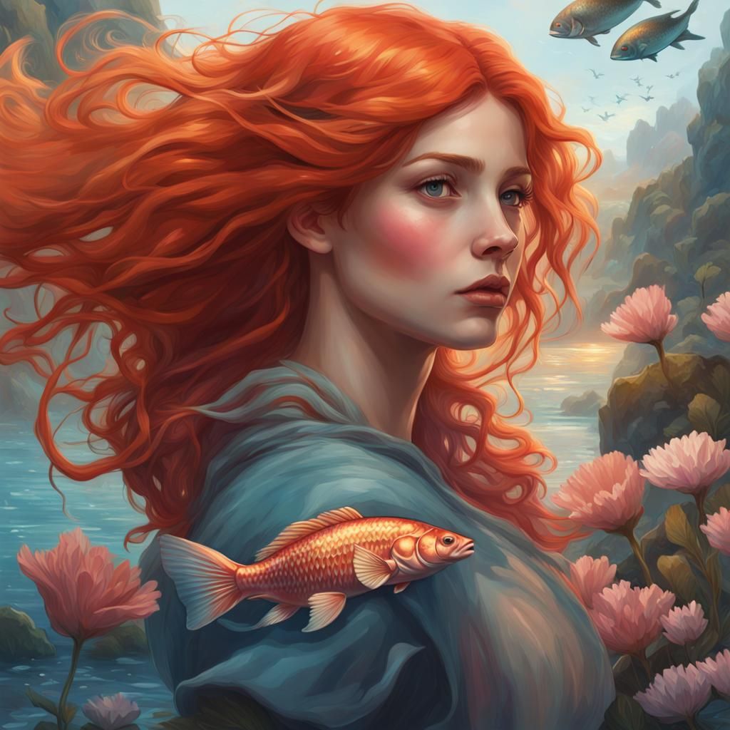 Pre-Raphaelite Girl Rides Fish in Enchanted World