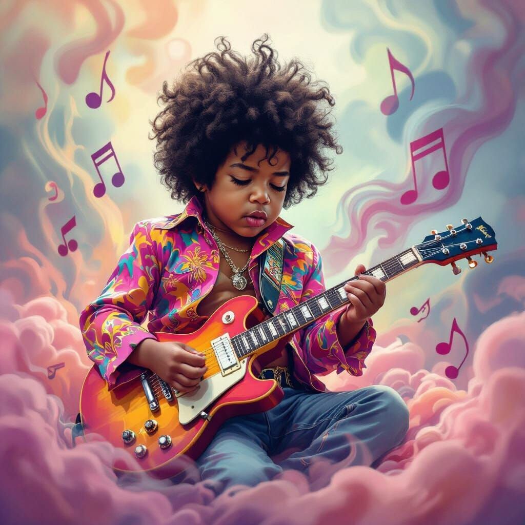 Baby Jimi Hendrix Shreds in Psychedelic Digital Art