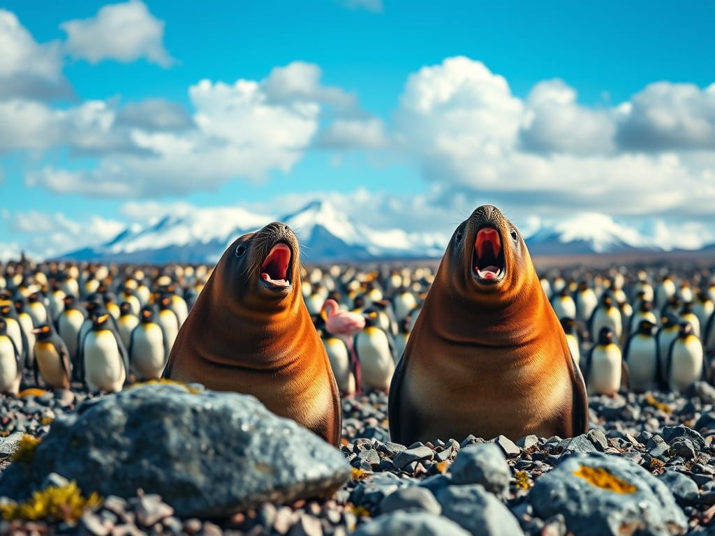 Emperor Penguins and Elephant Seals on Beach in Lomography S...