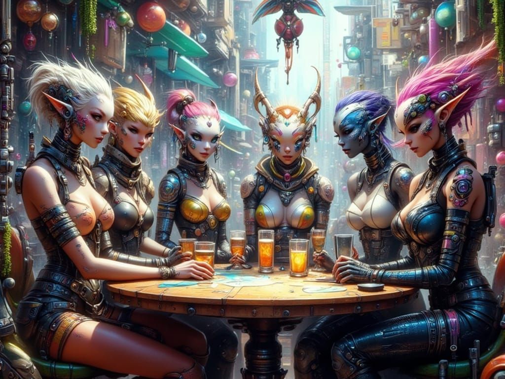 Galactic Cafe Scene with Five Alien Women