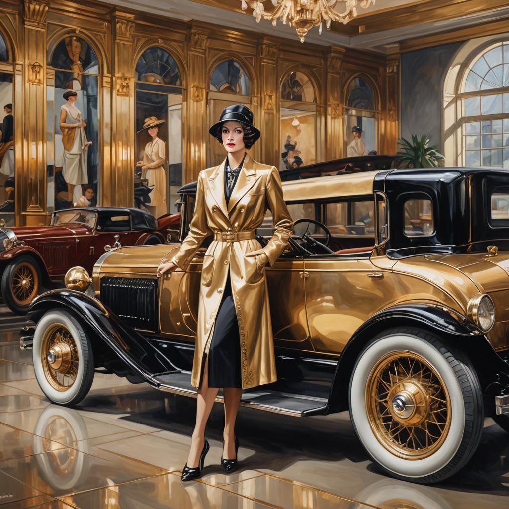 Art Deco Woman Posing with Vintage Car