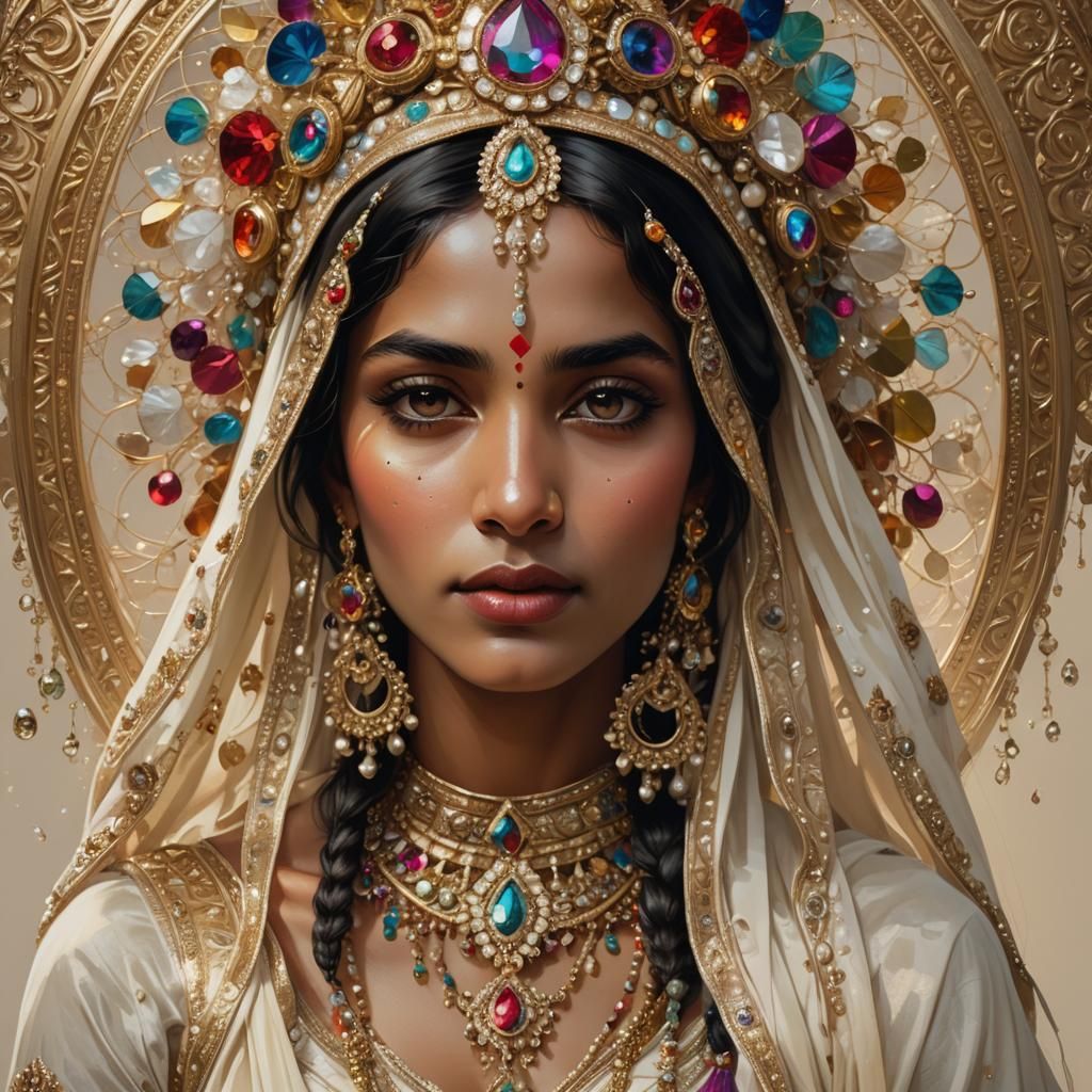 Indian Woman Portrait with Beaded Sari, Hyperrealistic