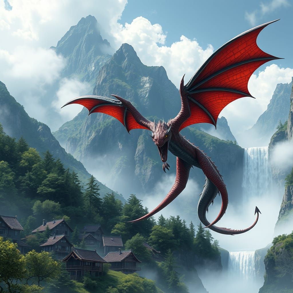 Majestic Dragon Soars Above a Serene Village in a Cyberpunk ...