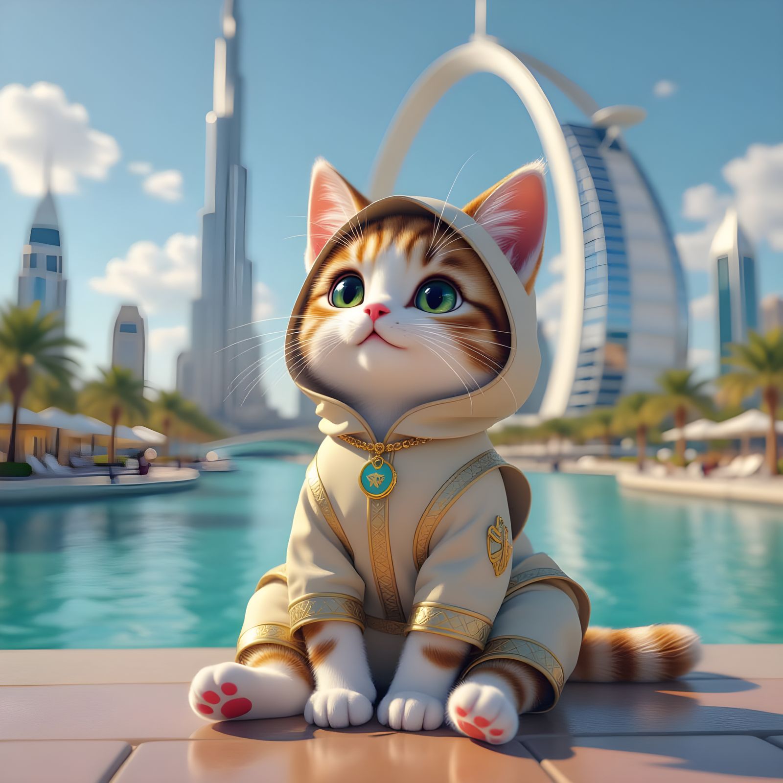 Anime Cat Perched Atop Dubai Arch