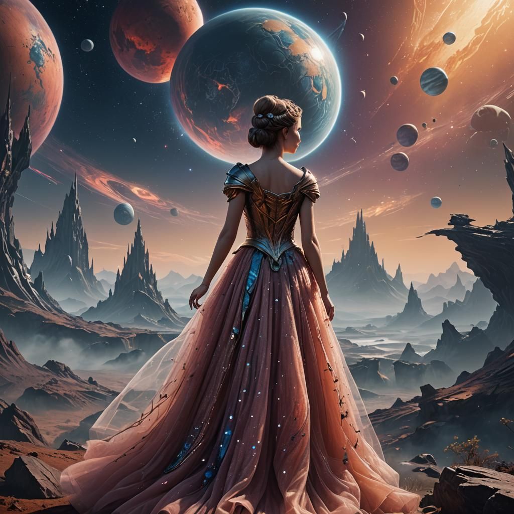 Beautiful princess, standing on distant planet, looking at p...