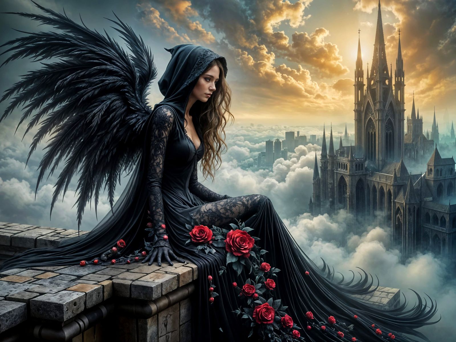 Dark Angel in Gothic Cloudscape with Fractal Lace