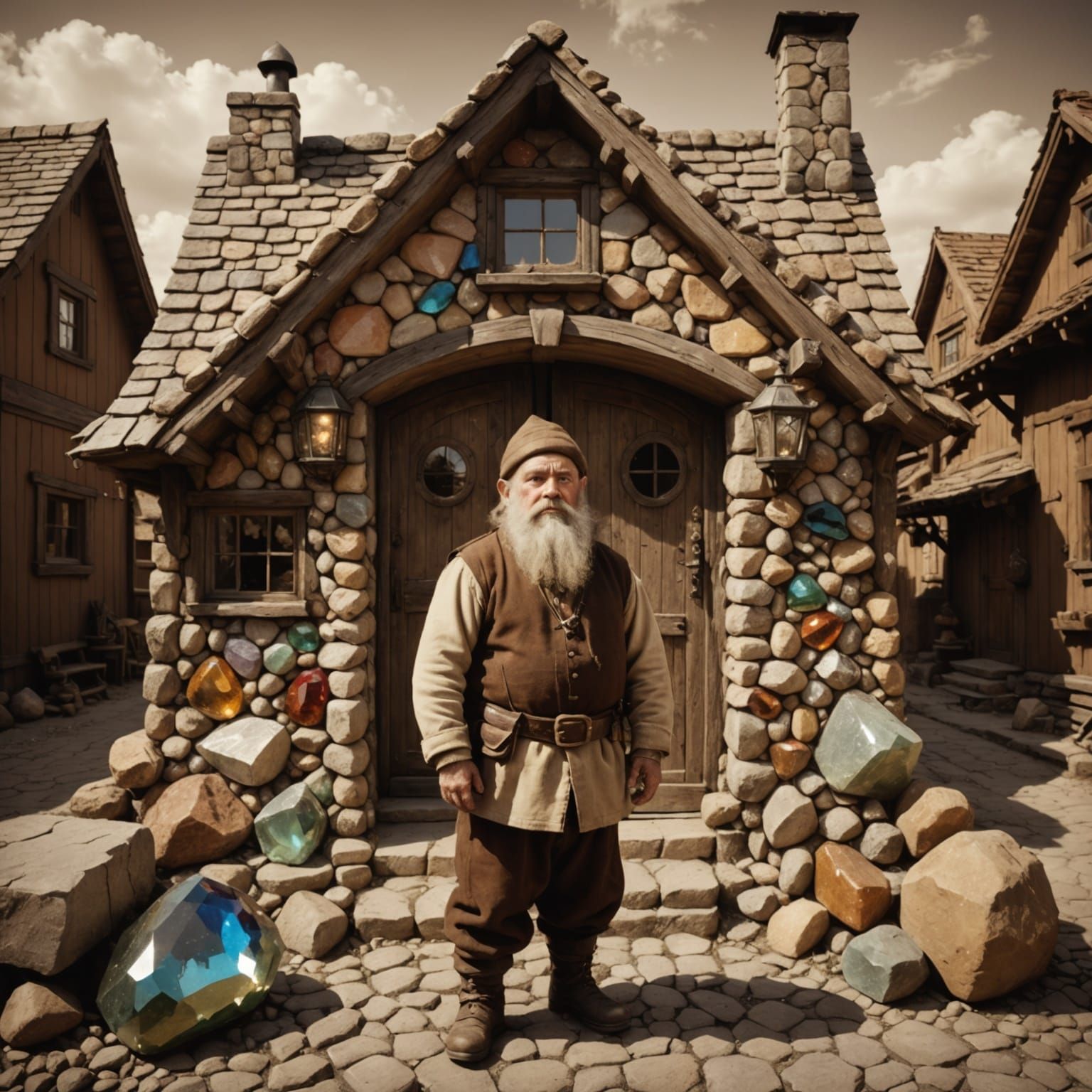 Dwarf Before Gemstone House in Vintage Sepia Photo Style