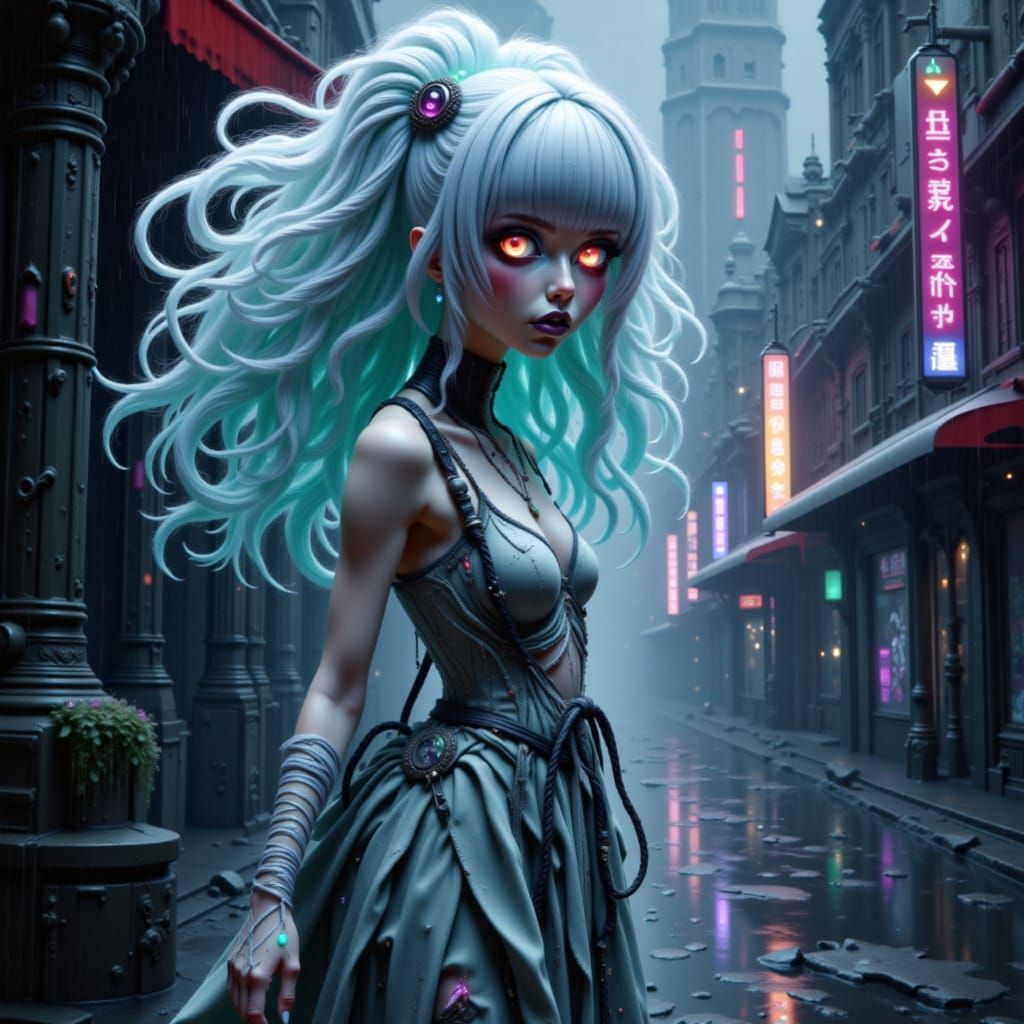 Anime Woman in Neon City with Luminous Trails
