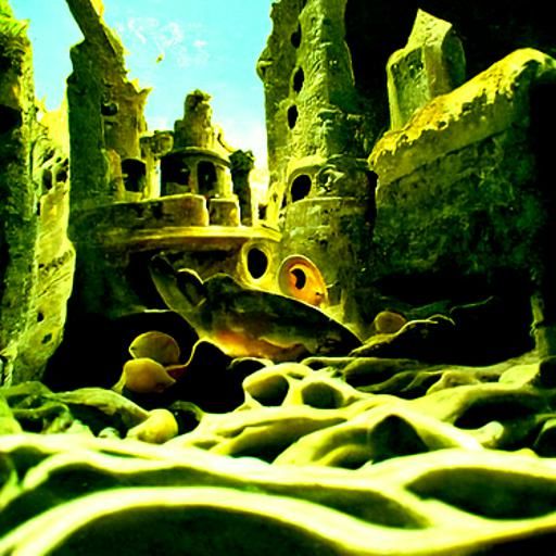 Underwater Sandcastle Ruin in Oil Painting Style