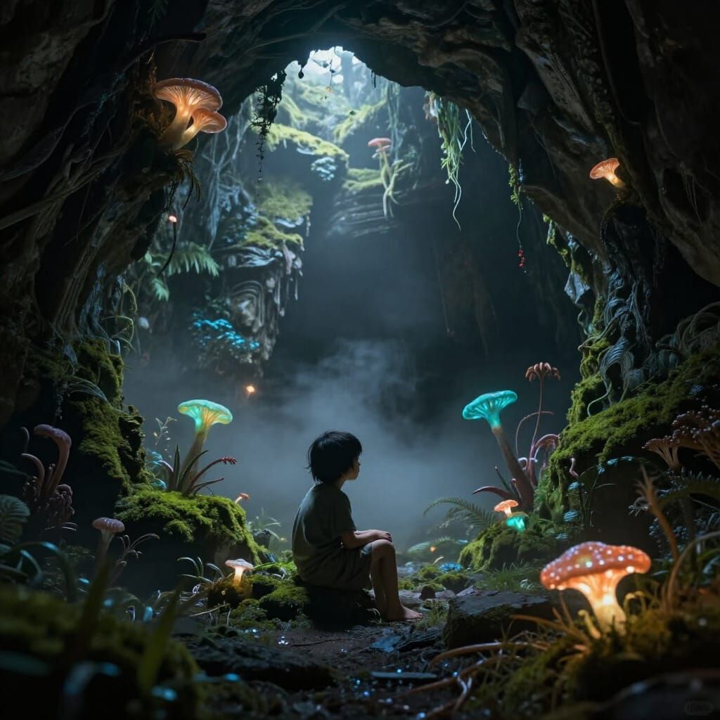 Ethereal Cave Child in Bioluminescent Ruins