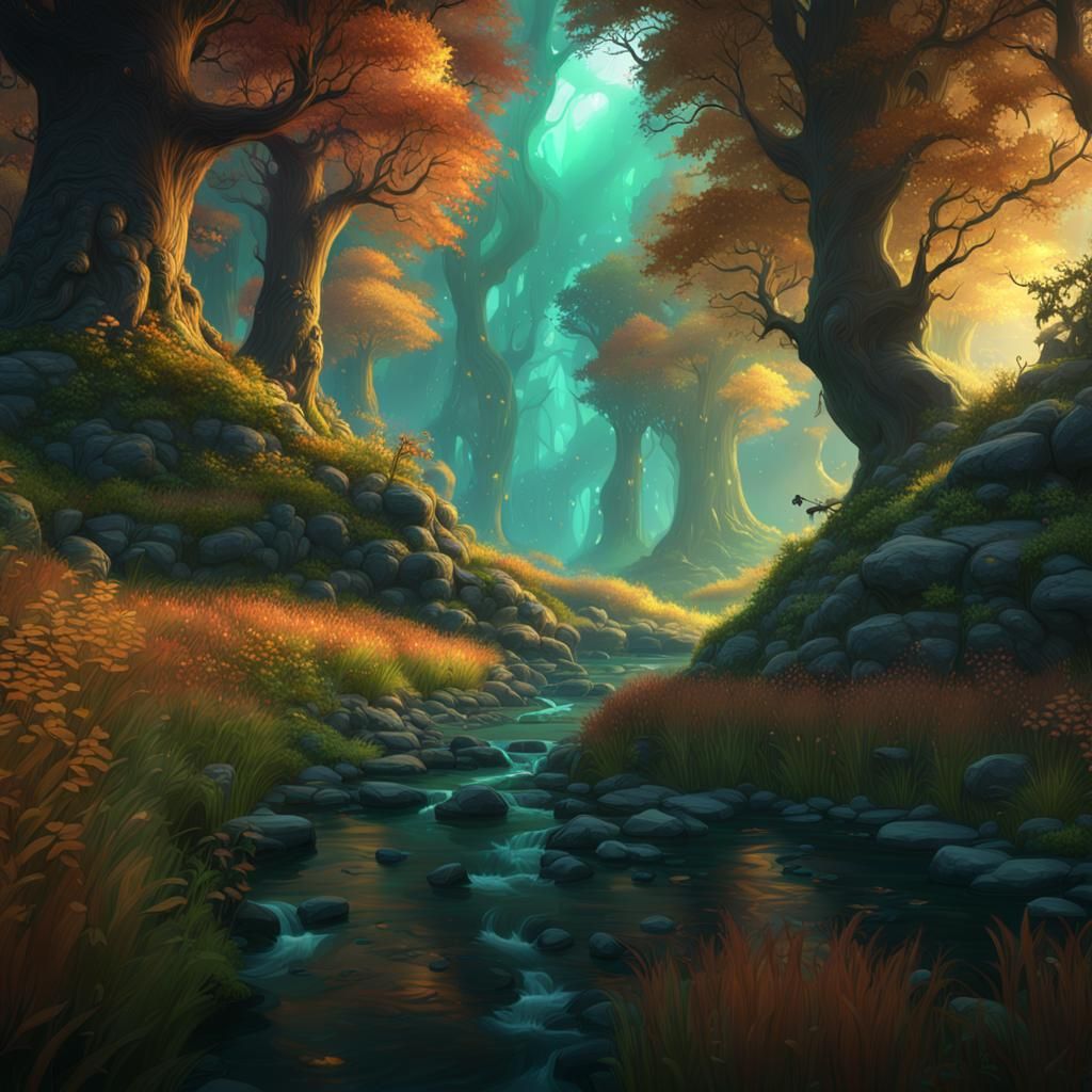 Enchanted Autumn Forest with Fireflies