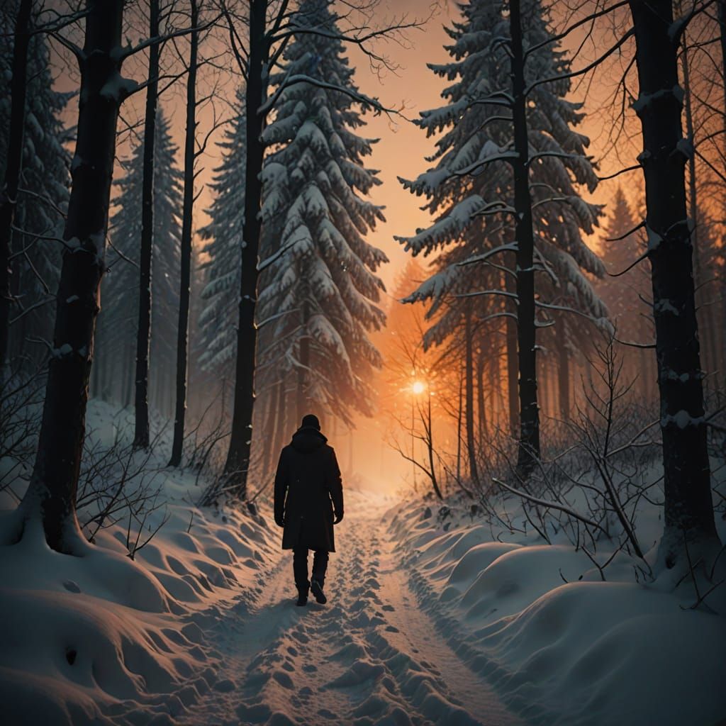 Dark Figure Walks Through Snowy Forest Under Setting Sun