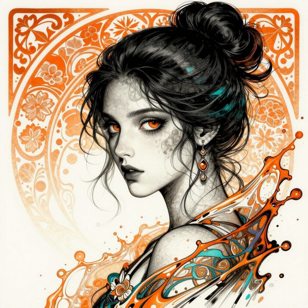 Elegant Woman with Fancy Bun in Alcohol Ink Style