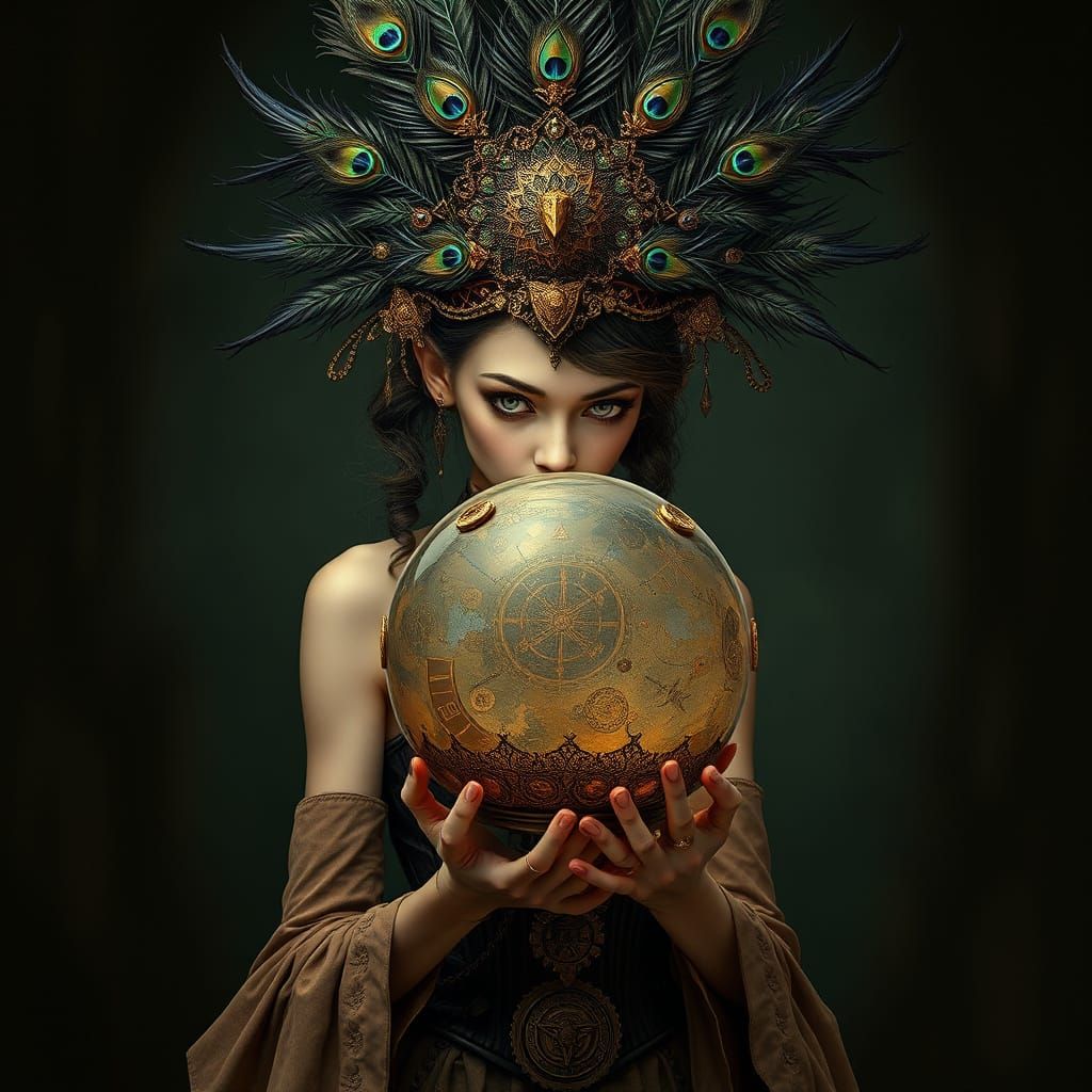 Enchantress with Gothic Crystal Ball in Art Nouveau Headdres...