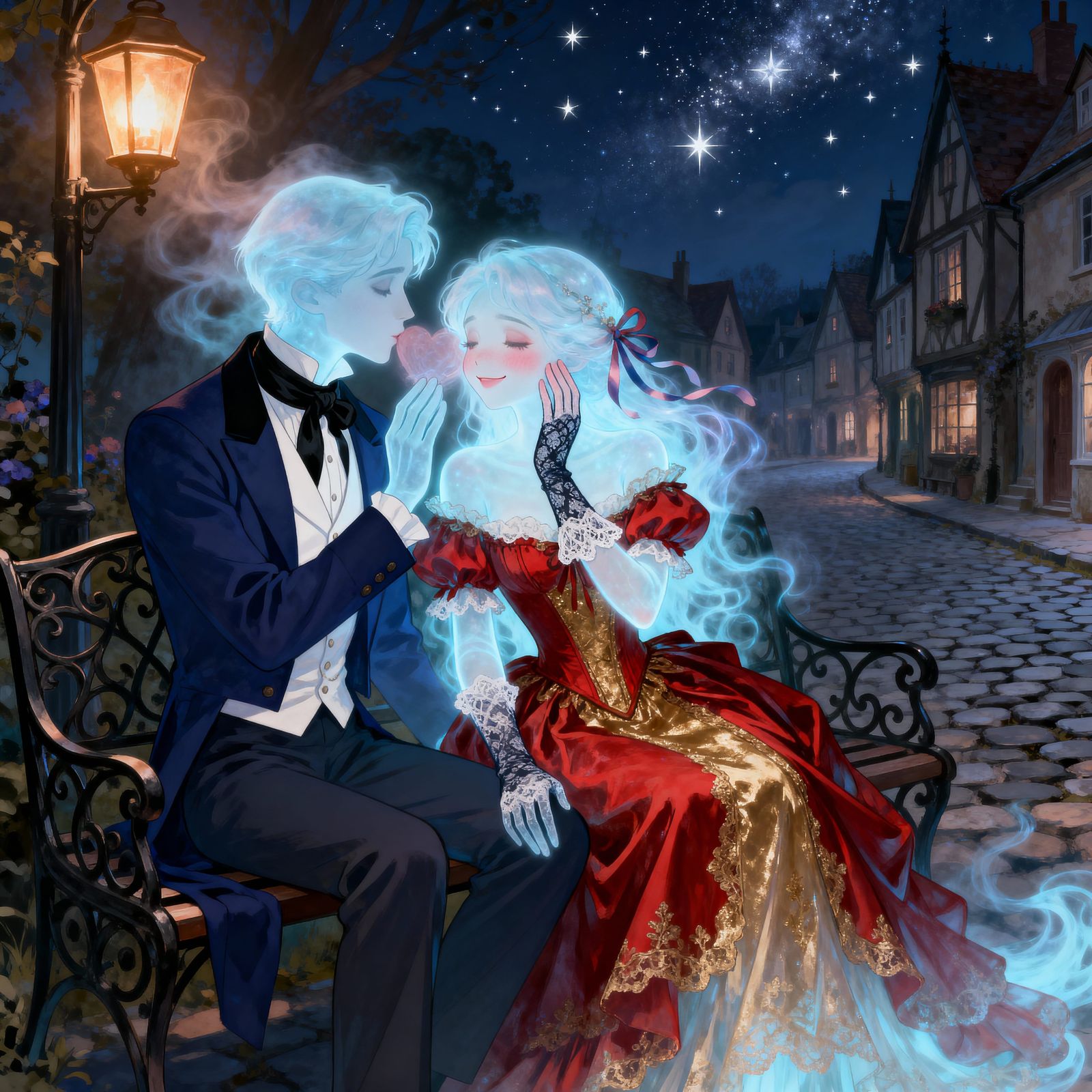 Romantic Ghosts in Victorian Village Night Scene