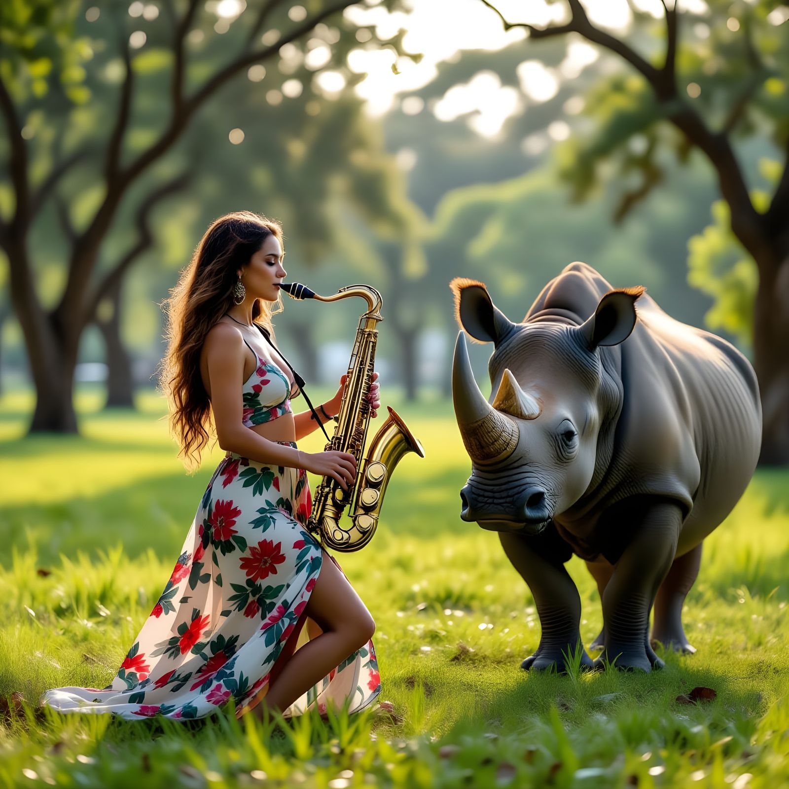Woman and Rhino Play Saxophone in Rainy Park