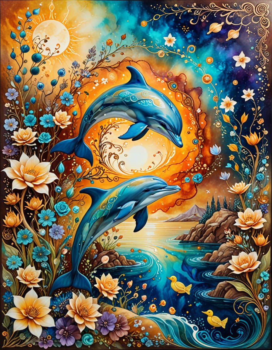 Surreal Dolphin and Duckling in Dream Landscape