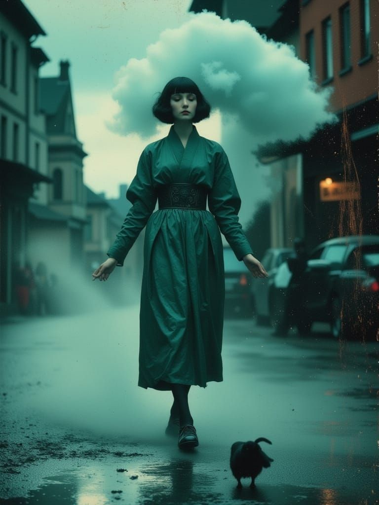 Woman in Jade Kimono Walks Thundercloud on Leash