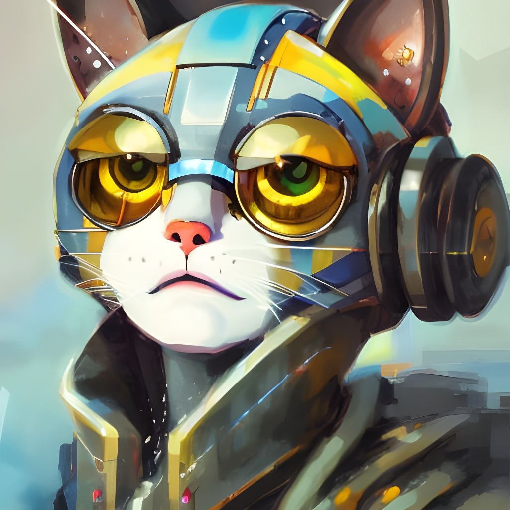 Cyberpunk Robotic Cat Portrait in Detailed Landscape