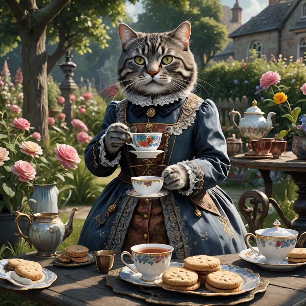 Victorian Cat Having Tea in Garden, Detailed Painting