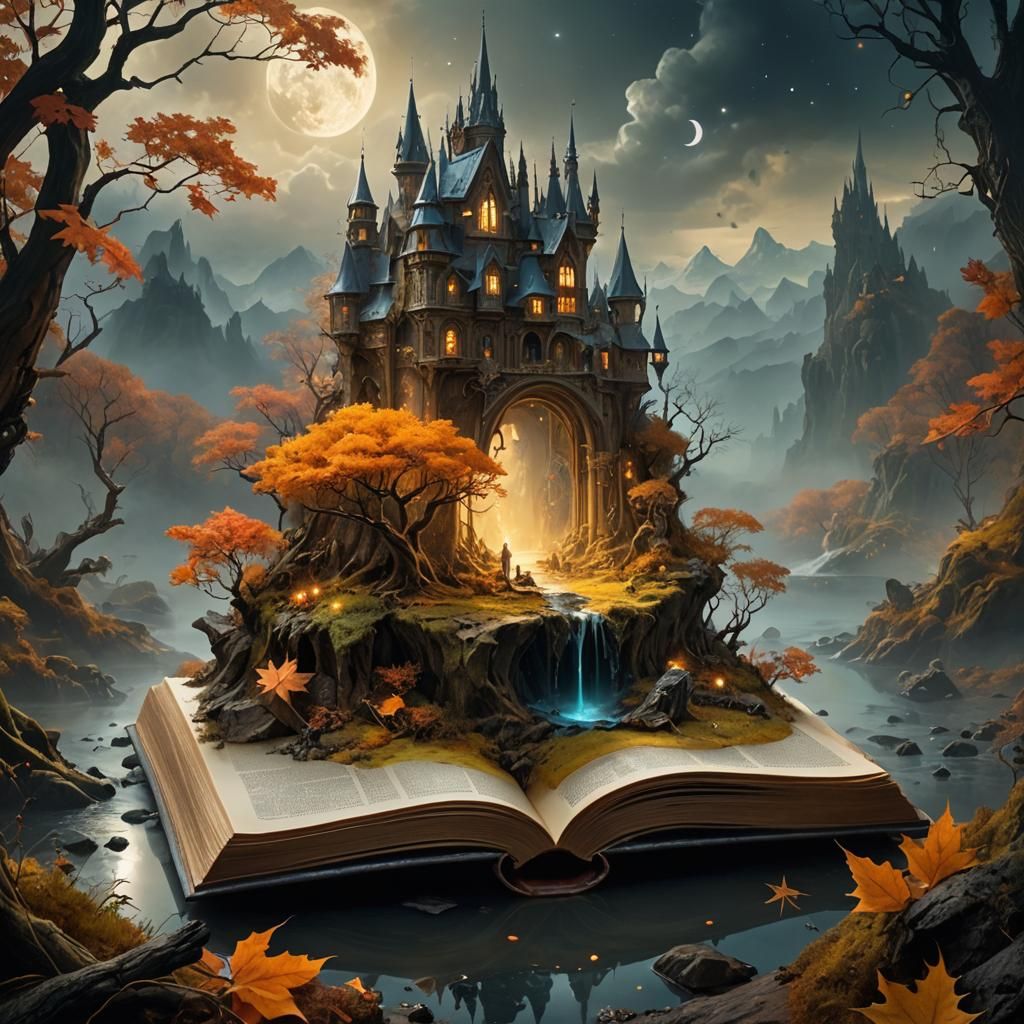 Miniature Autumn Fantasy World in Ancient Book
