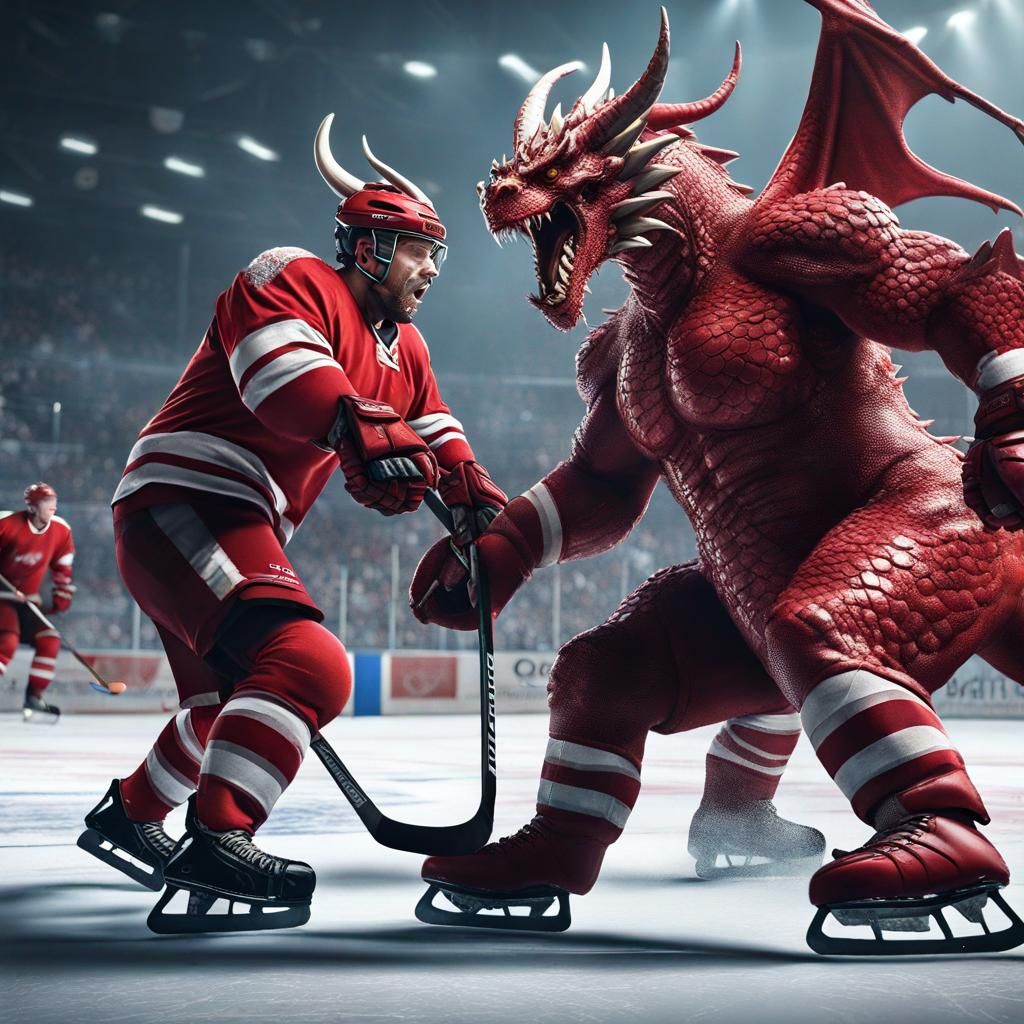 Dragons Play Ice Hockey: Detailed Fantasy Art