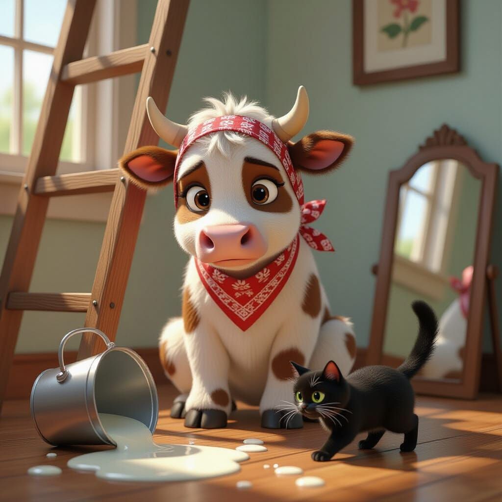 Pixar-Style Cow Under Ladder on Friday the 13th