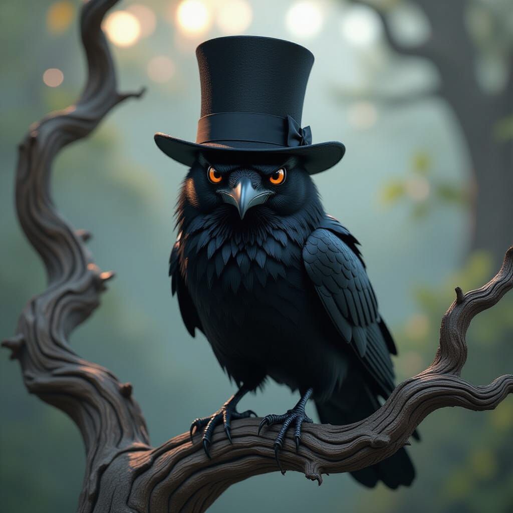 3D Punksteam Raven with Cylinder Hat in Optical Illusion