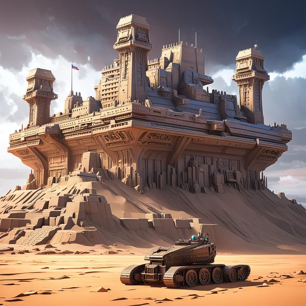 Titanic Cyberpunk Sandcastle in Barren Landscape