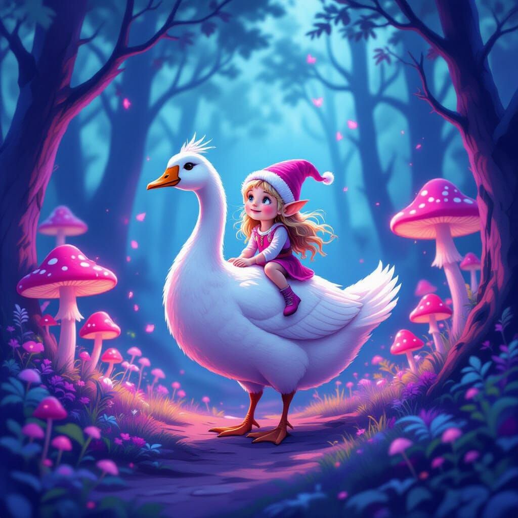 Fairy Flies on Goose in Magical Neon Forest