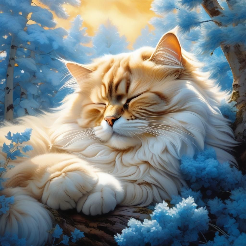 Dreamy Cloud Cat in Blue Forest, Watercolor Style