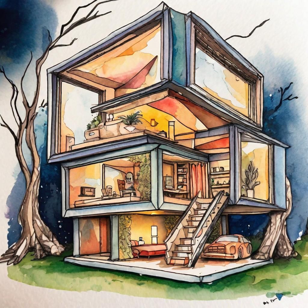 Artistic Modern Cardboard House: Storybook Illustration