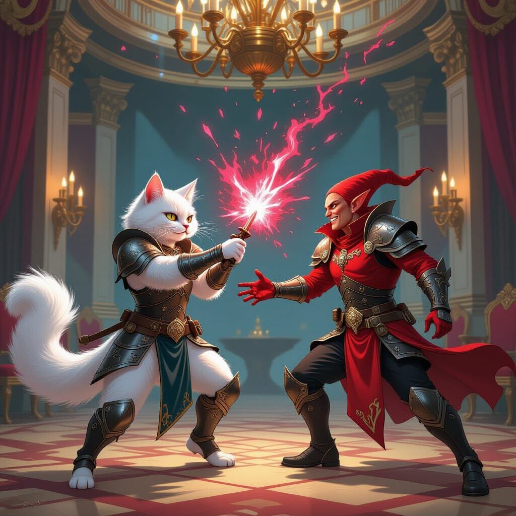 Epic Cat Battle in a Grand Ballroom