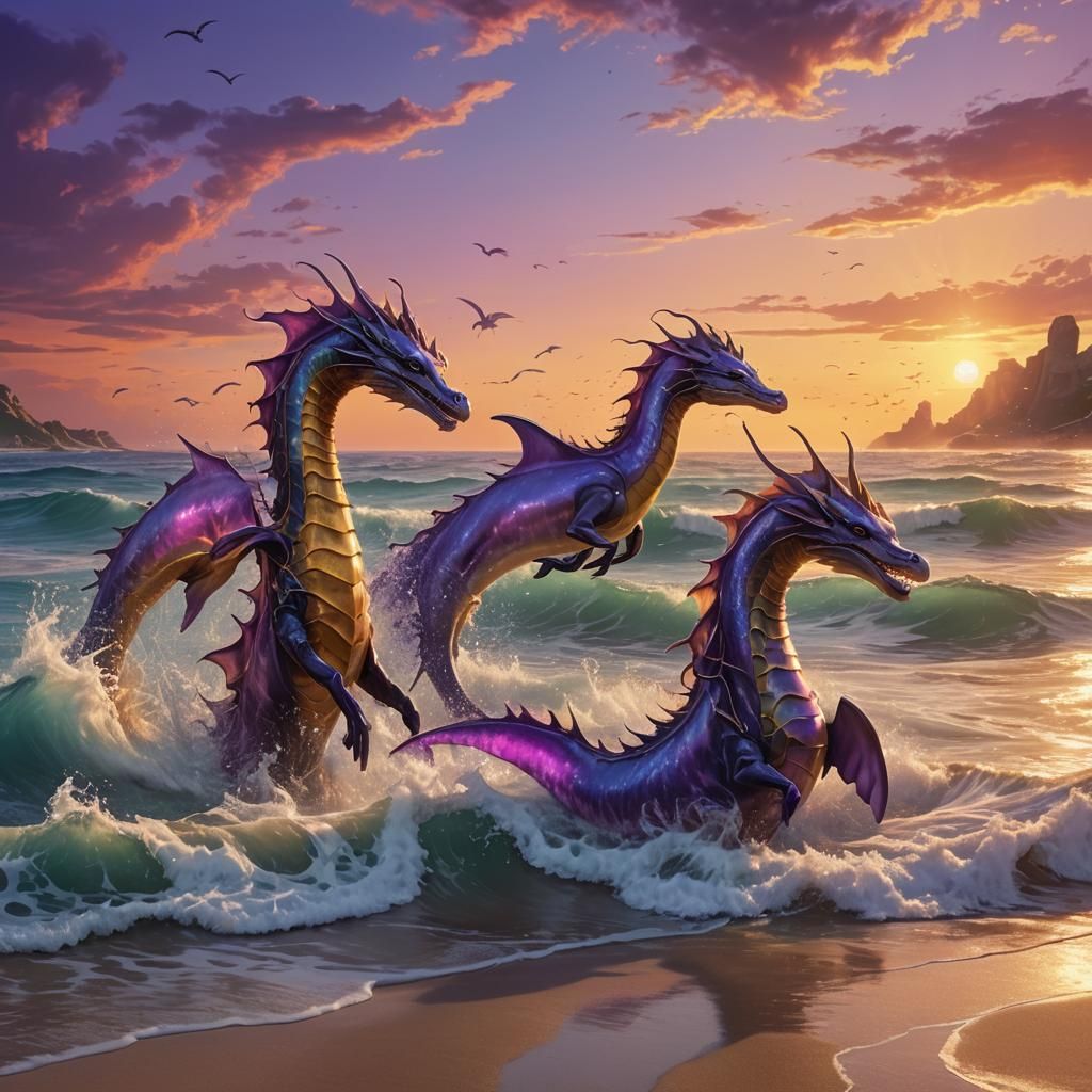 Sea Dragons and Dolphins Playing at Sunrise