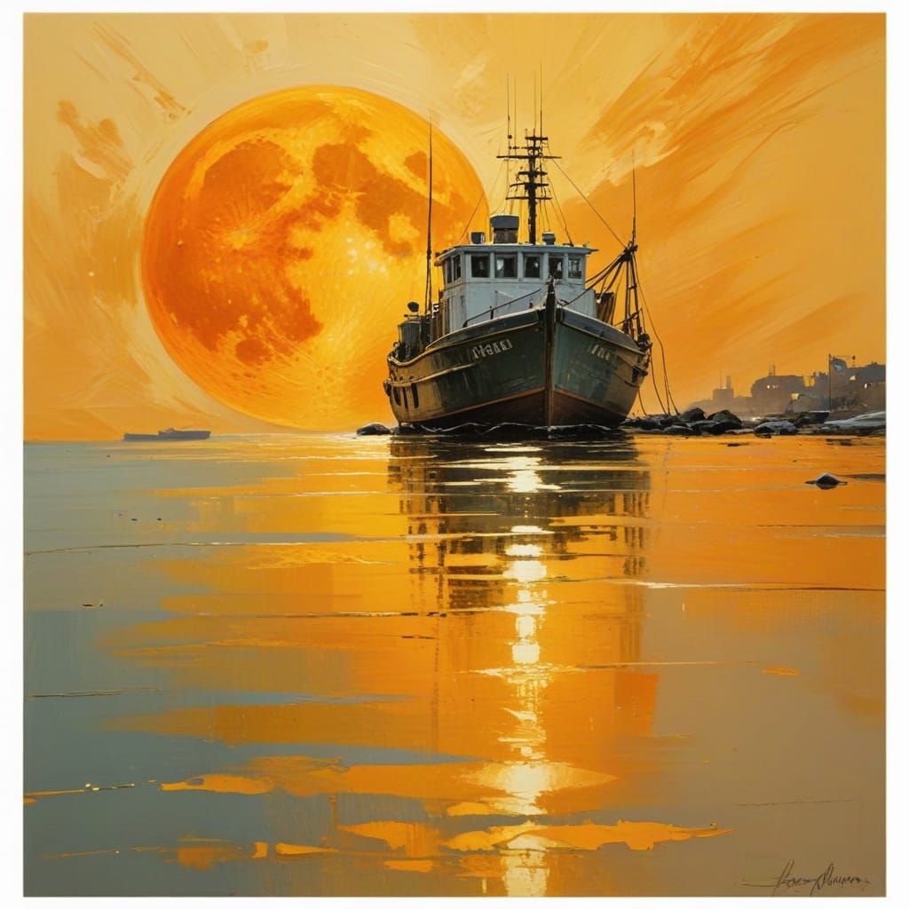 Vibrant oil painting. Close up. Fishing boat in the harbour ...